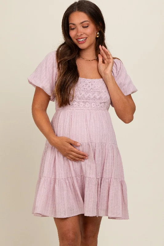 maternity event dress -Light Pink Crochet Tiered Maternity Dress