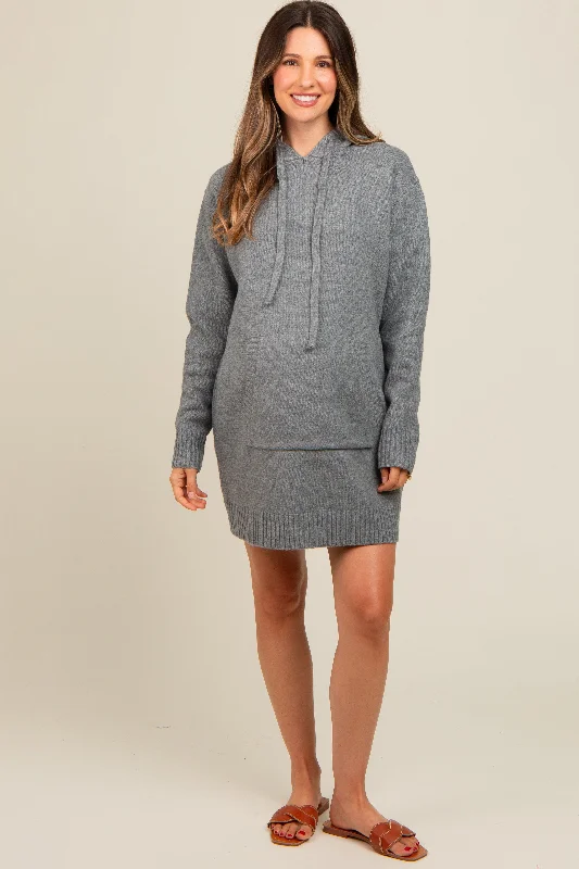 maternity warm maternity dress -Grey Hooded Front Pocket Maternity Sweater Dress