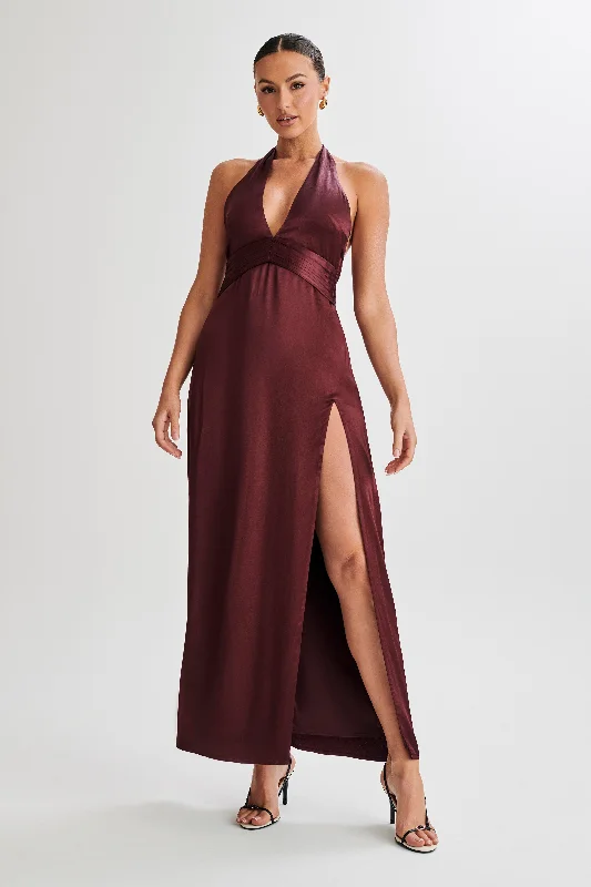 Women's maxi dress contrast trim -Milana Halter Maxi Dress - Plum