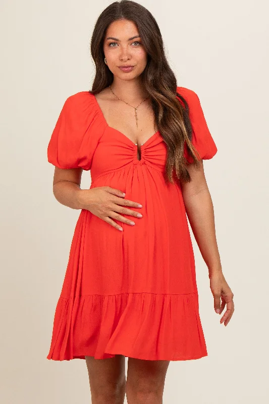 maternity stylish daily wear dress -Red U Notched Bubble Short Sleeve Maternity Dress