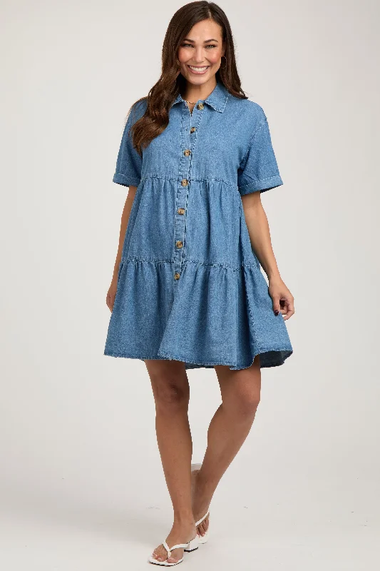 maternity soft maternity dress -Blue Denim Button Down Tiered Maternity Dress