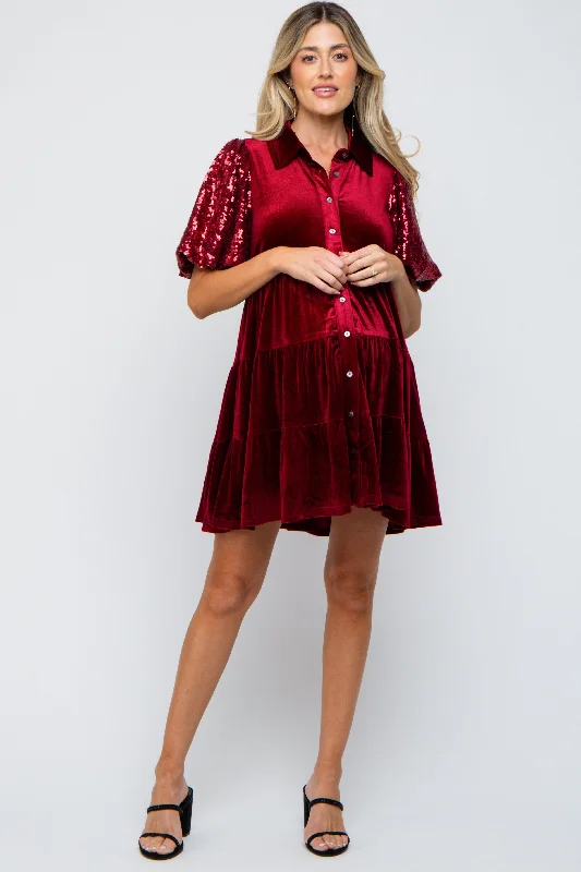 maternity floor length dress -Burgundy Velvet Tiered Sequin Short Sleeve Maternity Dress