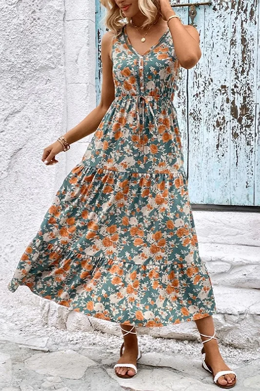 sleeveless floral print dress -WOMEN FLORAL SLEEVELESS TIERED DRESS