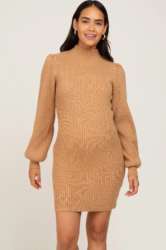 maternity leopard print dress -Camel Mock Neck Puff Sleeve Maternity Sweater Dress