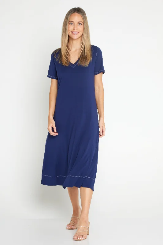 short sleeve petite dress -Short Sleeve Contrast Stitch Dress - Navy