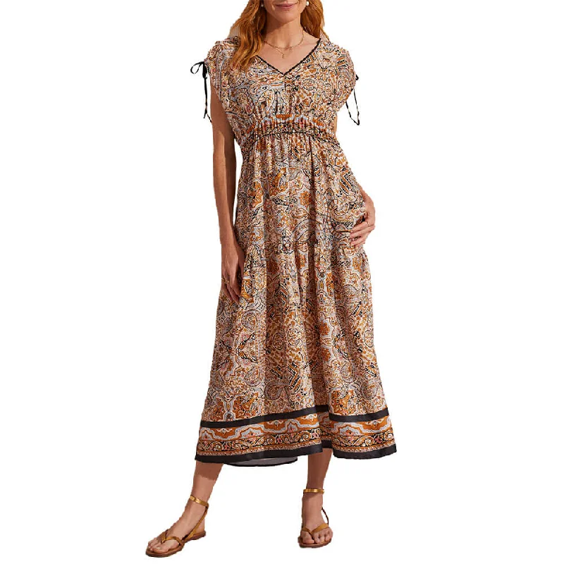 Women's maxi dress deep navy -Tribal Border Print Maxi Dress With Shoulder Tie - Caramel