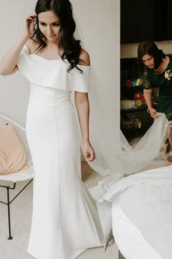 short sleeve belted dress -Simple Sheath Off-the-shoulder Floor-length Short Sleeve Satin Wedding Dress