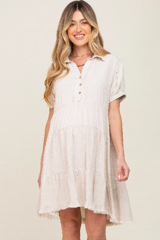 maternity eco conscious dress -Cream Tiered Collared Linen Maternity Dress