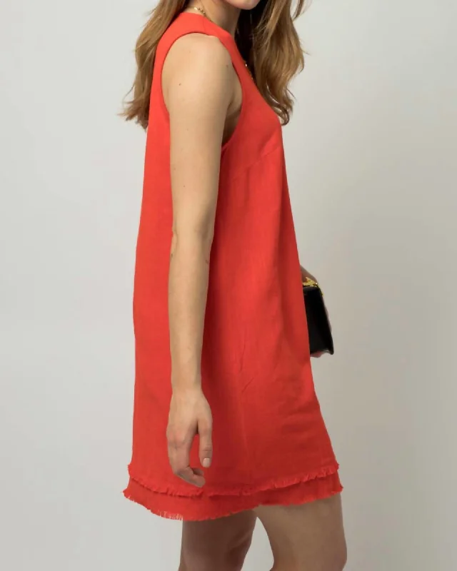 sleeveless pearl embellished dress -The Virginia Double Frayed Sleeveless Linen Shift Dress In Tomato | Tomato