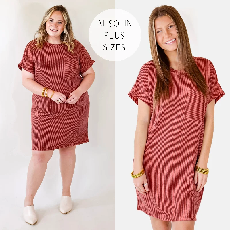 short sleeve tiered mini dress -Coffee and Carefree Ribbed Short Sleeve Dress with Front Pocket in Rust Red