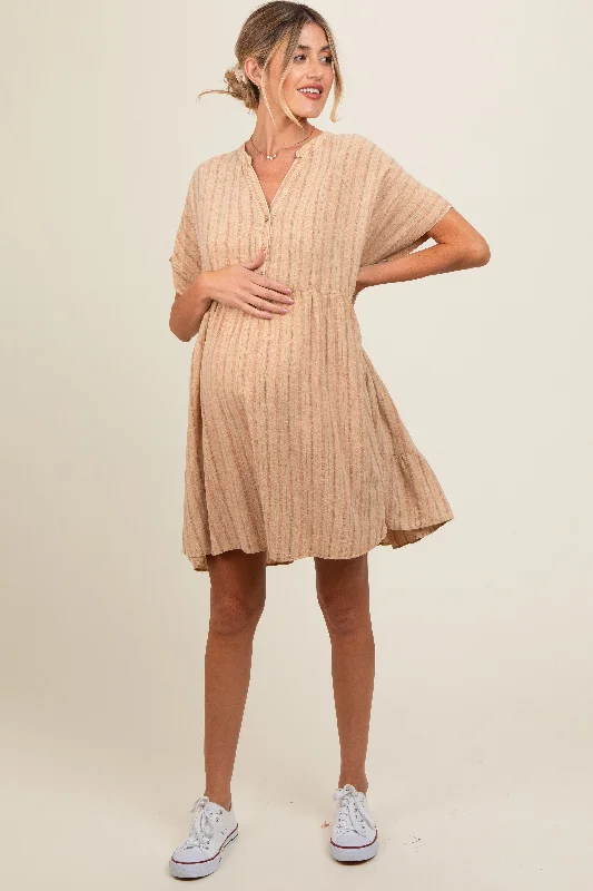 maternity puff sleeve dress -Mocha Striped Button Front Maternity Dress