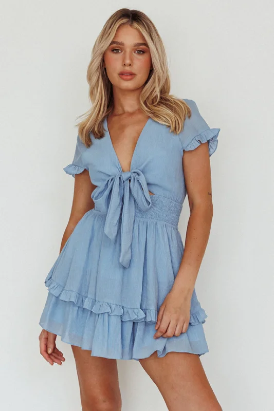 short sleeve soft cotton dress -Anthea Bow-Tie Short Sleeve Frill Dress Cerulean