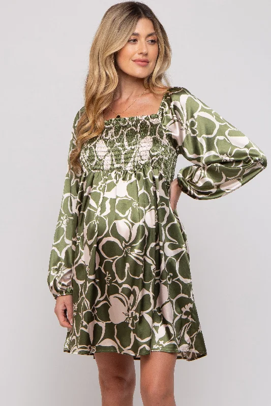 maternity soft fabric dress -Olive Floral Satin Long Sleeve Maternity Dress