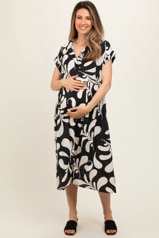 maternity spring dress -Black Abstract Print Collared Maternity Dress