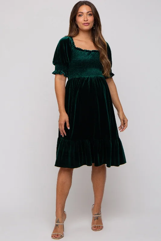 maternity beach dress -Forest Green Velvet Smocked Puff Sleeve Maternity Dress