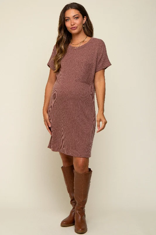 maternity trendy nursing dress -Brown Ribbed Front Pocket Dolman Short Sleeve Maternity Dress