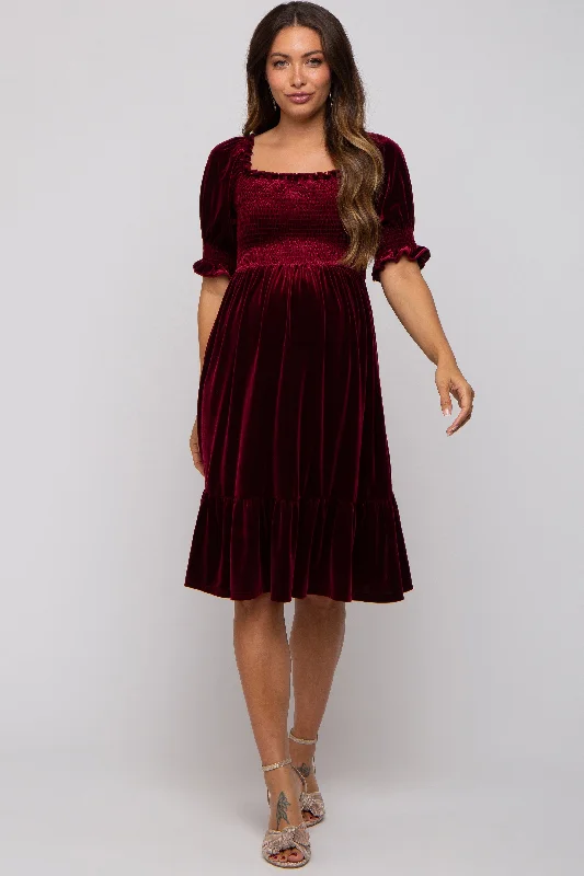 maternity sequin dress -Burgundy Velvet Smocked Puff Sleeve Maternity Dress