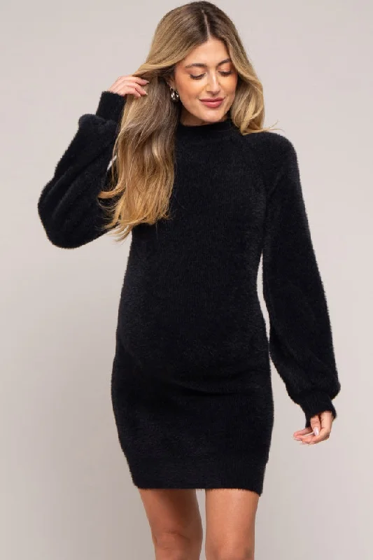 maternity t shirt dress -Black Fuzzy Knit Puff Sleeve Maternity Sweater Dress