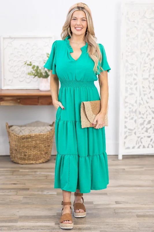 Women's maxi dress relaxed plaid -Turquoise Tiered Smocked Waist Maxi Dress