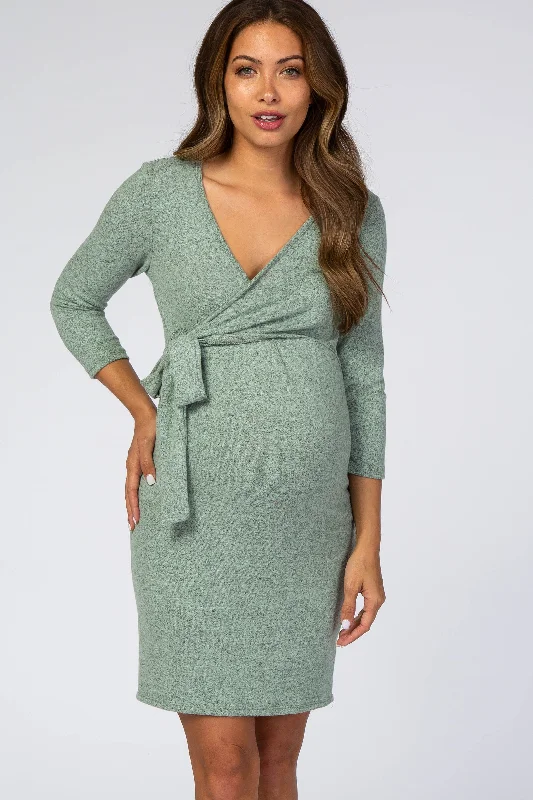 maternity flowy dress -Mint Brushed Knit Wrap Fitted Maternity/Nursing Dress