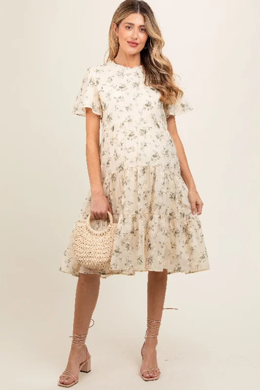 maternity trendy summer dress -Cream Floral Print Eyelet Lace Maternity Dress