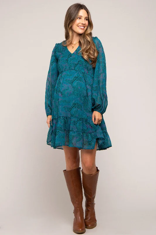 maternity long maternity gown -Teal Printed Smocked Long Sleeve Maternity Dress