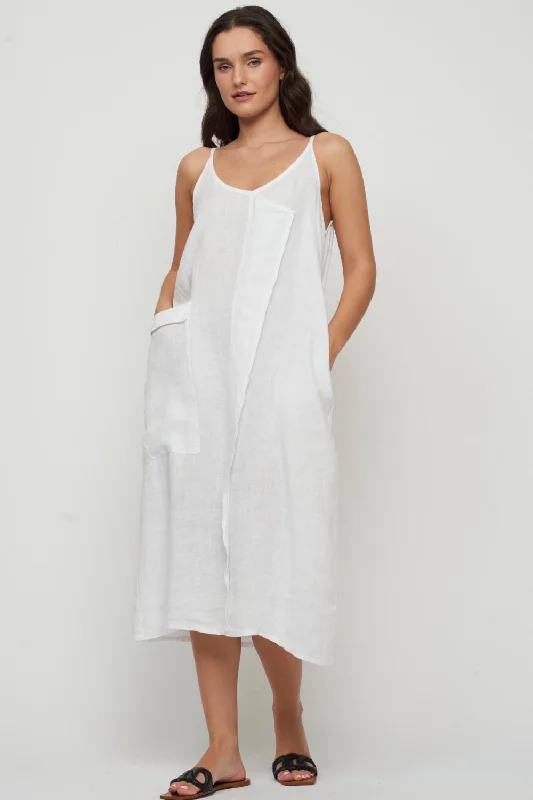 sleeveless trendy boho dress -Pistache Sleeveless Fold Over Linen Dress with Large Patch Pocket, White (D-23167)