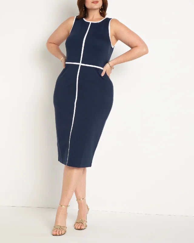 sleeveless boho dress -Sleeveless Piped Workwear Dress | Navy With White Piping