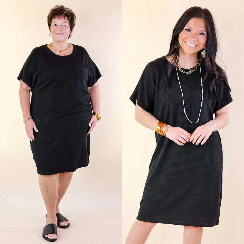 short sleeve effortless chic dress -Coffee and Carefree Ribbed Short Sleeve Dress with Front Pocket in Black