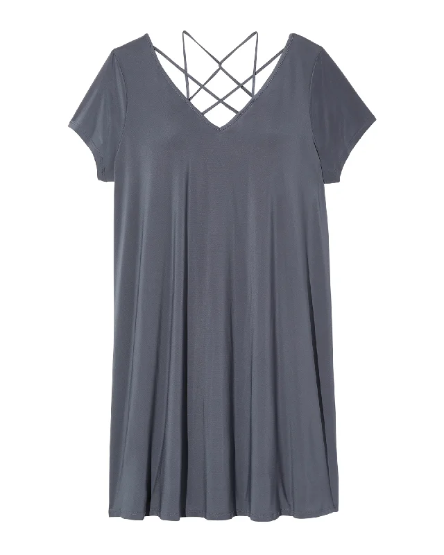 short sleeve evening dress -Astor Short Sleeve Lattice Back Swing Dress | Charcoal Grey