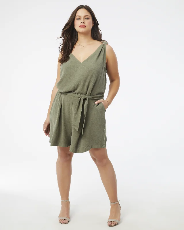 sleeveless plunging neckline dress -Nia Sleeveless Romper | Olive Green