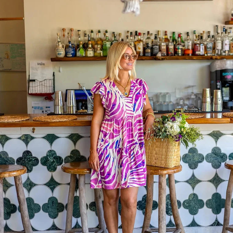 short sleeve V-neck dress -La Mer Luxe Short Sleeve Brooke Dress - Cream/Purple Batik