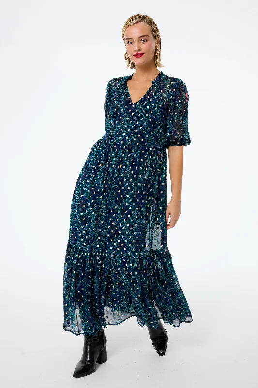 Women's maxi dress earthy plaid -Midnight with Teal Snake Print Chiffon Tiered Maxi Dress