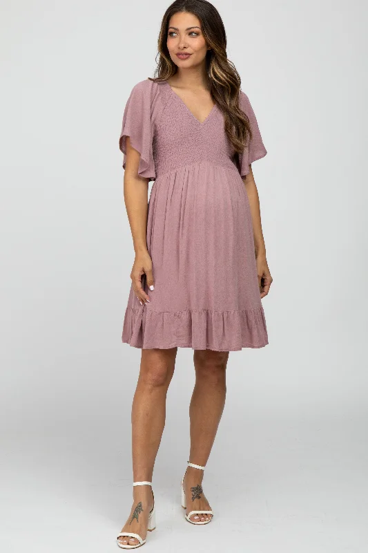 maternity ruffle dress -Mauve Smocked Front Ruffle Hem Maternity Dress