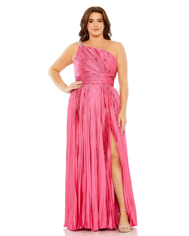 sleeveless fitted dress -One Shoulder Embellished Pleated Sleeveless Gown | Hot Pink