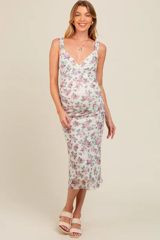 maternity one piece dress -Cream Floral Mesh Lace Top Maternity Dress