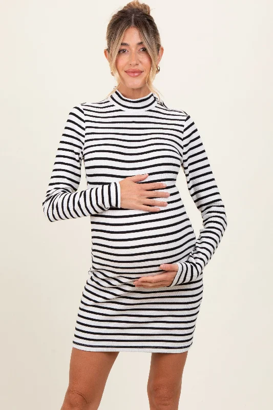 maternity adjustable fit dress -Ivory Striped Mock Neck Long Sleeve Maternity Fitted Dress