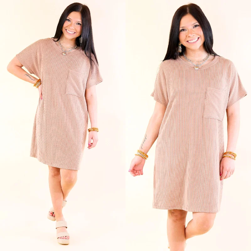 short sleeve princess cut dress -Coffee and Carefree Ribbed Short Sleeve Dress with Front Pocket in Peanut Butter Brown