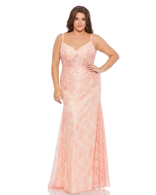 sleeveless shift dress -Lace Sleeveless Illusion Corset Trumpet Gown | Coral