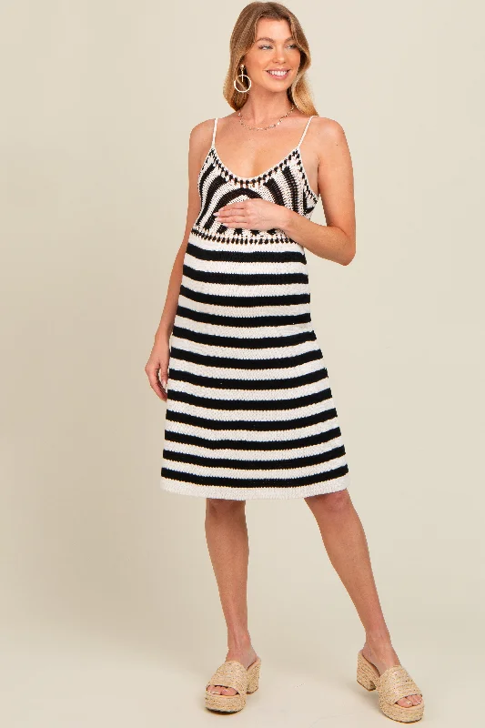 maternity high stretch dress -Ivory Crochet Striped Sleeveless Maternity Dress