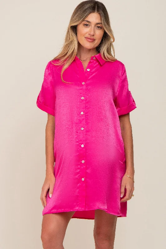 maternity fancy dress -Fuchsia Satin Button Front Short Sleeve Maternity Dress