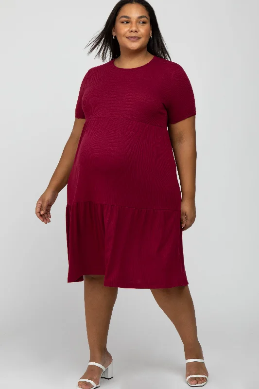 maternity fitted dress -Burgundy Ribbed Tiered Maternity Plus Dress