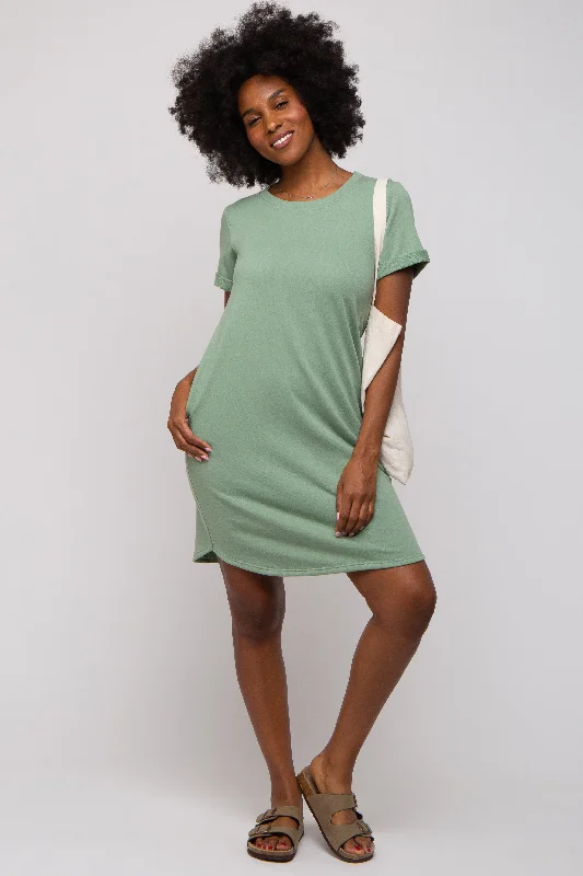 short sleeve deep V dress -Sage French Terry Cuffed Short Sleeve Dress