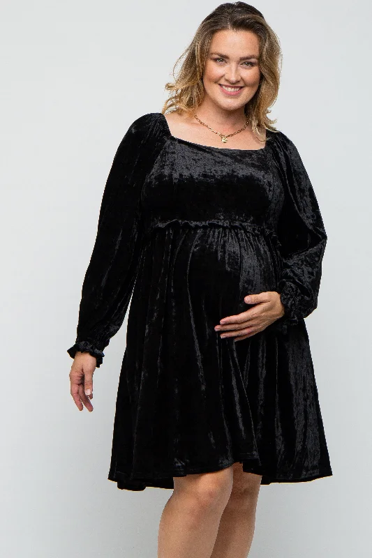 maternity long sleeve bodycon dress -Black Velour Square Neck Maternity Plus Dress