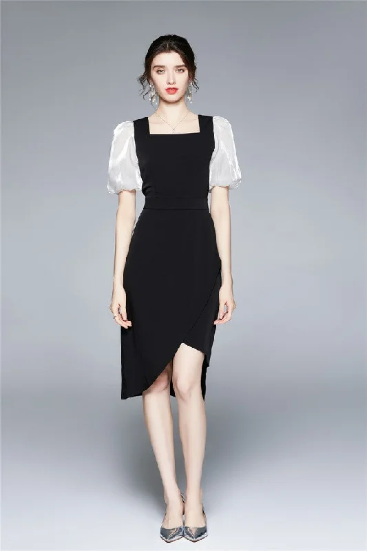 short sleeve sweater dress -Black & White Office Fitted Squareneck Short Sleeve Above Knee Dress