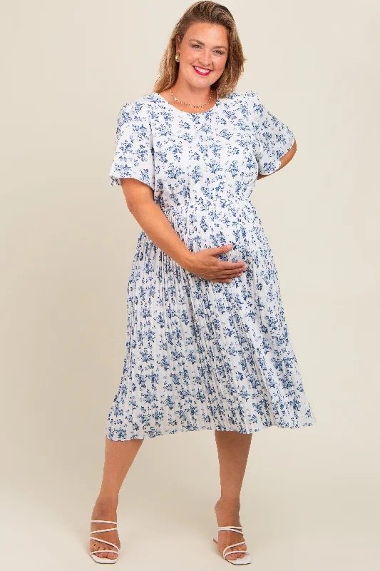 maternity ultra comfort maternity dress -Blue Ditsy Floral Pleated Plus Maternity Dress