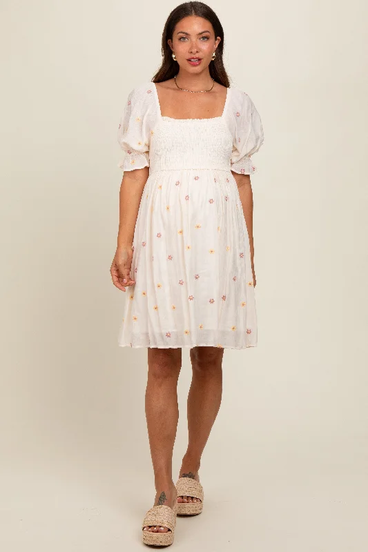 maternity beach dress -Cream Floral Embroidered Smocked Maternity Dress