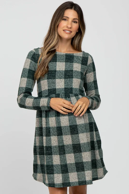 maternity sophisticated maternity dress -Forest Green Plaid Knit Maternity Dress