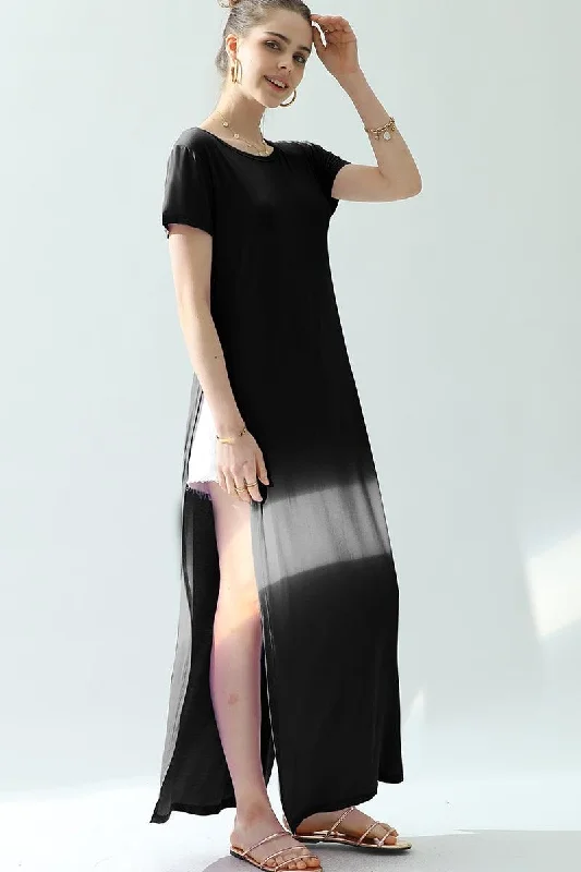 short sleeve dress -ROUND NECK SHORT SLEEVE LONG DRESS WITH SLIT