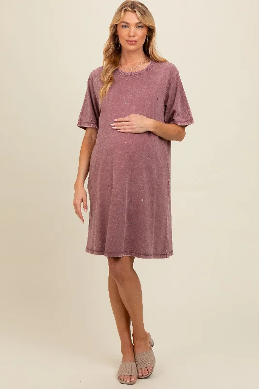 maternity lace trim maternity dress -Mauve Rhinestone Mineral Washed Maternity T-Shirt Dress